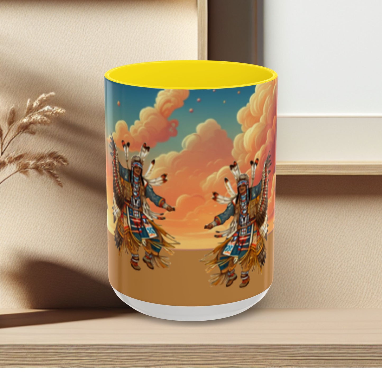 Sunset Powwow Ceramic Mug — Native American Dancer Accent Coffee Mug (11/15oz)