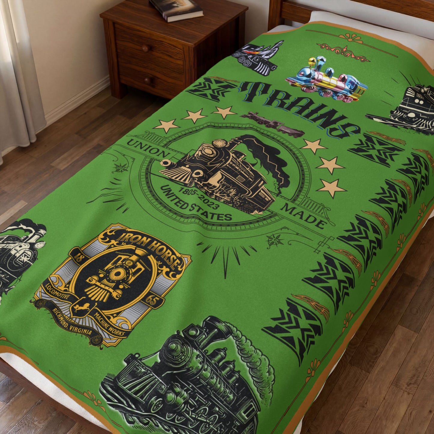 Trains 60 x 80 Green Velveteen Plush Blanket - gift for train enthusiasts.