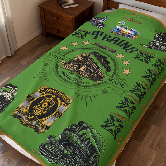 Trains 60 x 80 Green Velveteen Plush Blanket - gift for train enthusiasts.
