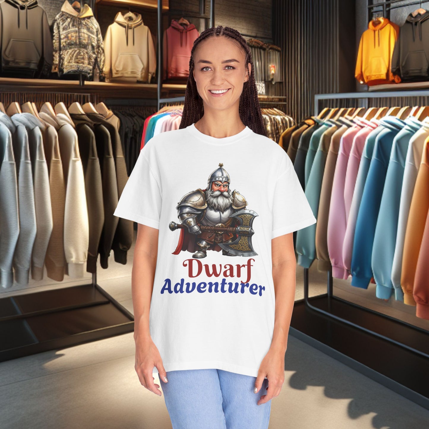 Dwarf Adventurer Tee — Dwarf with Armor and Battle Axe Graphic T-Shirt