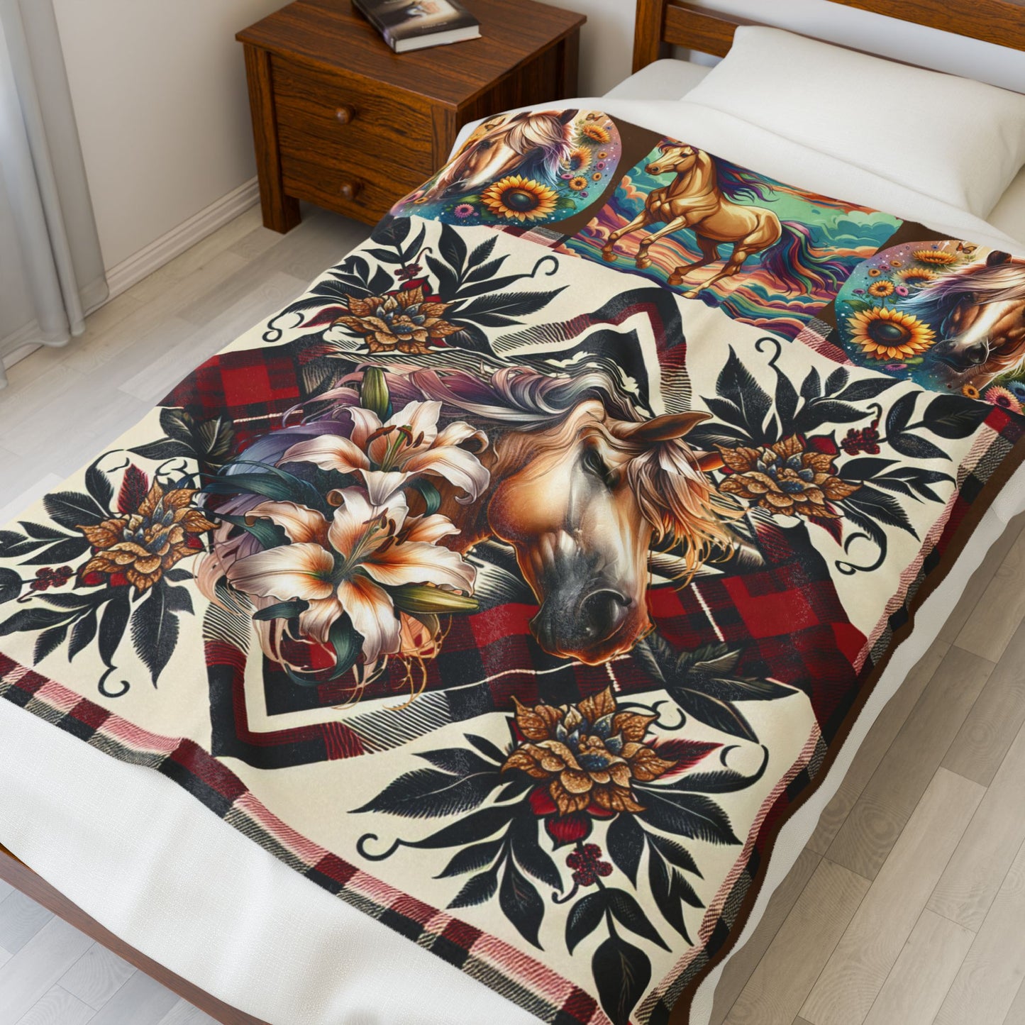 Tan Horse Velveteen Plush Blanket – Tan Horse with Flowers Cozy Western Throw