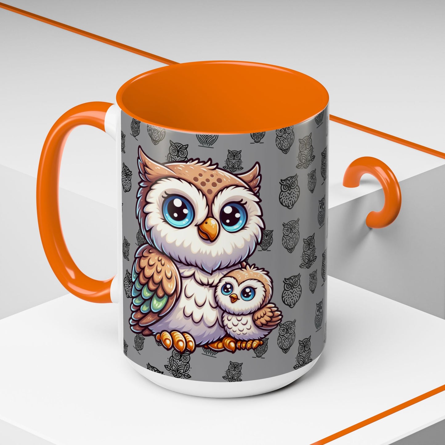 Gray Coffee Mug - Owl Family - Colorful Inspirational Owl Design