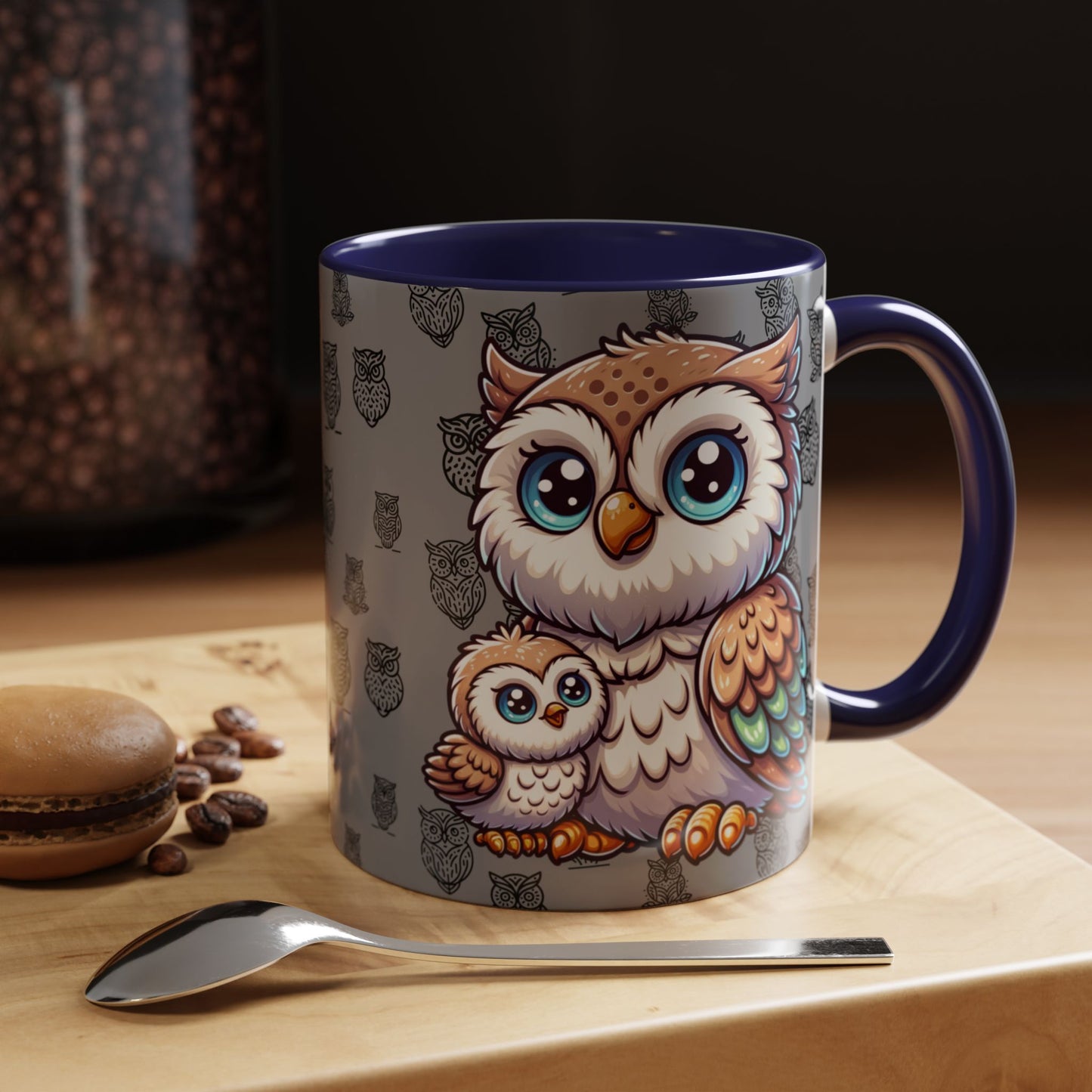 Gray Coffee Mug - Owl Family - Colorful Inspirational Owl Design
