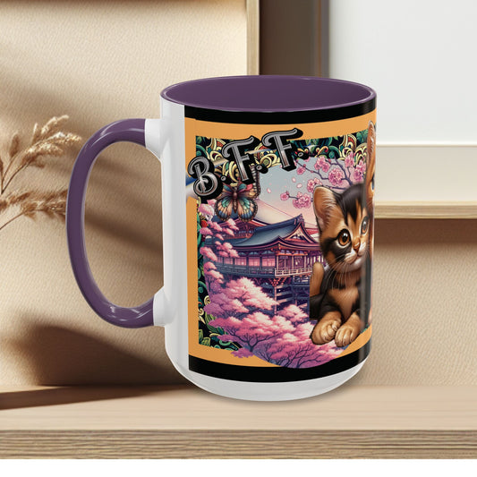 Mug - 3 B F F kittens and Butterflies Coffee Mug with Cherry Blossoms