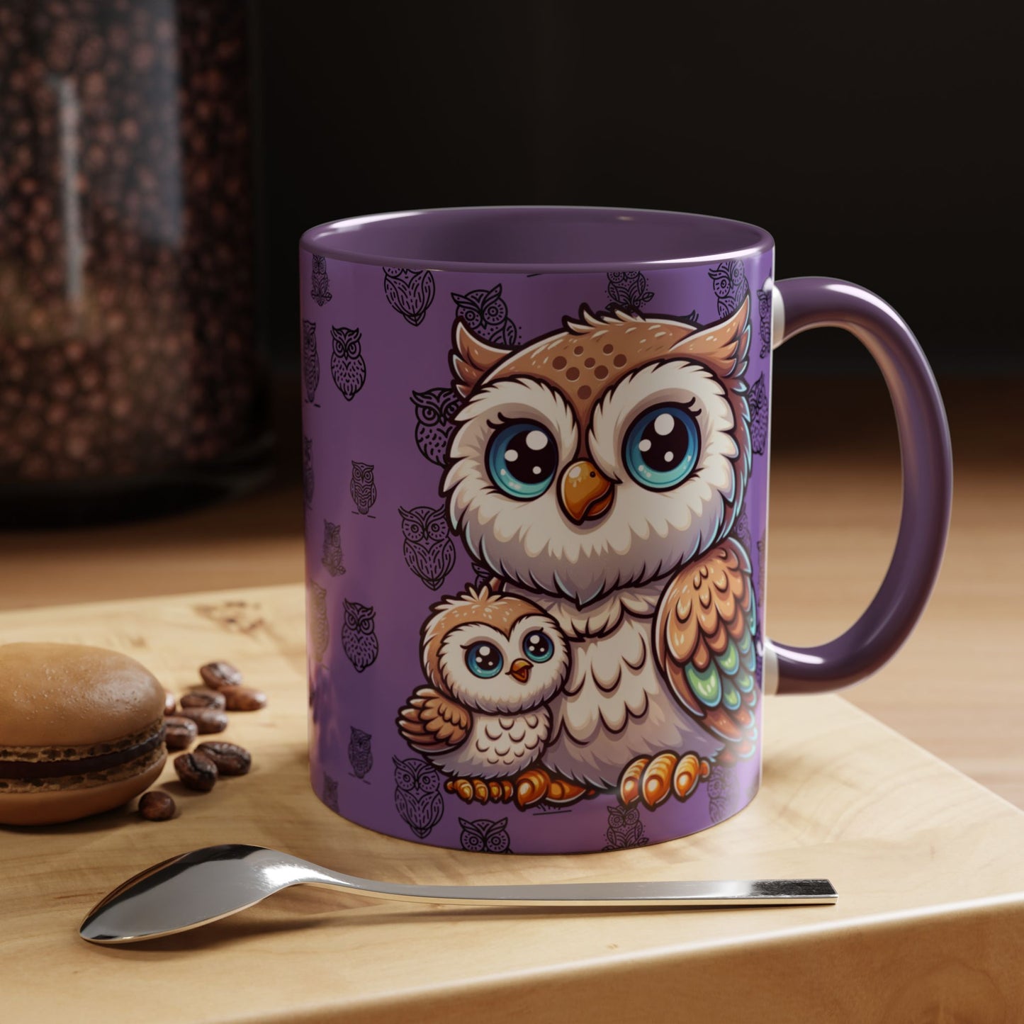 Purple Coffee Mug - Owl Family - Colorful Inspirational Owl Design