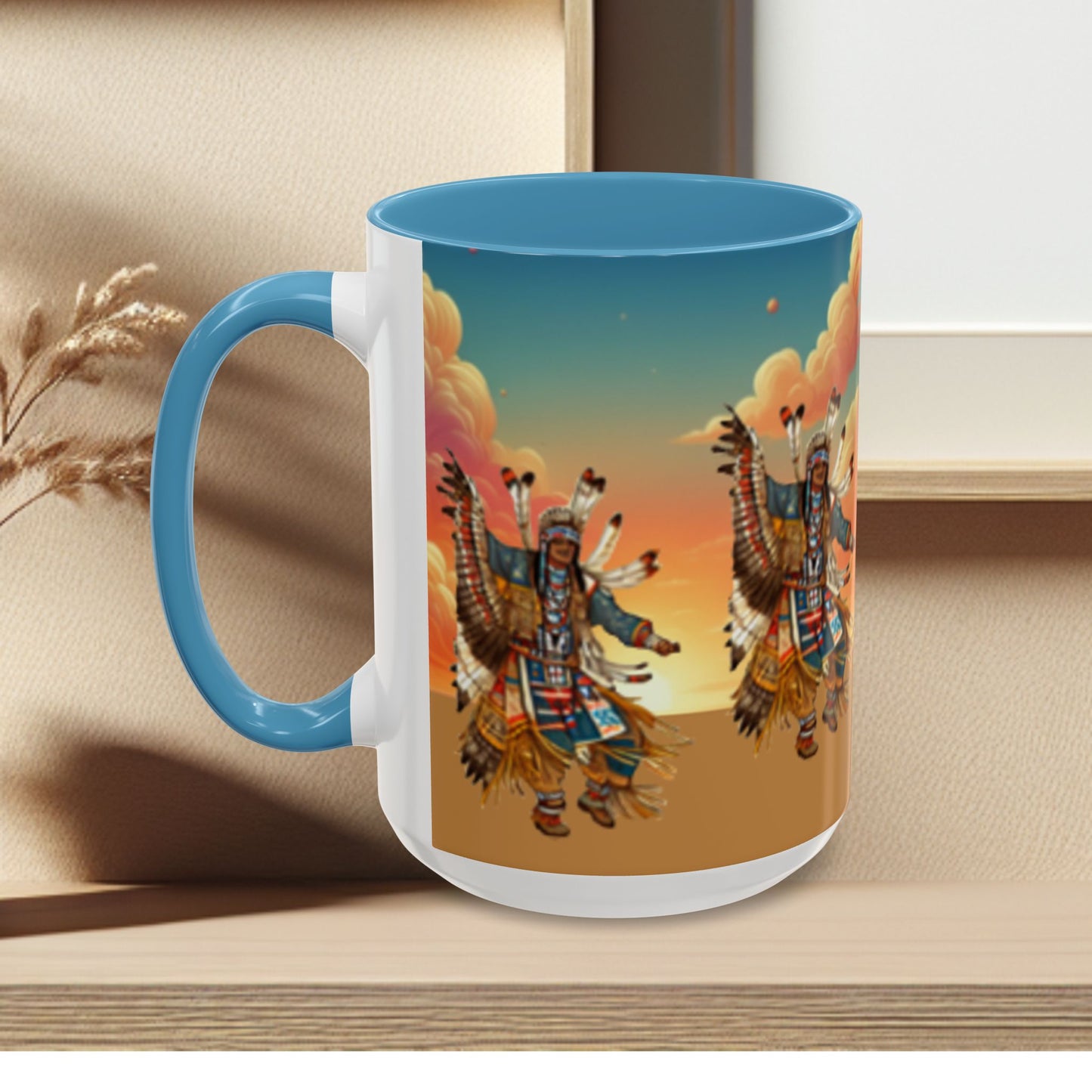 Sunset Powwow Ceramic Mug — Native American Dancer Accent Coffee Mug (11/15oz)
