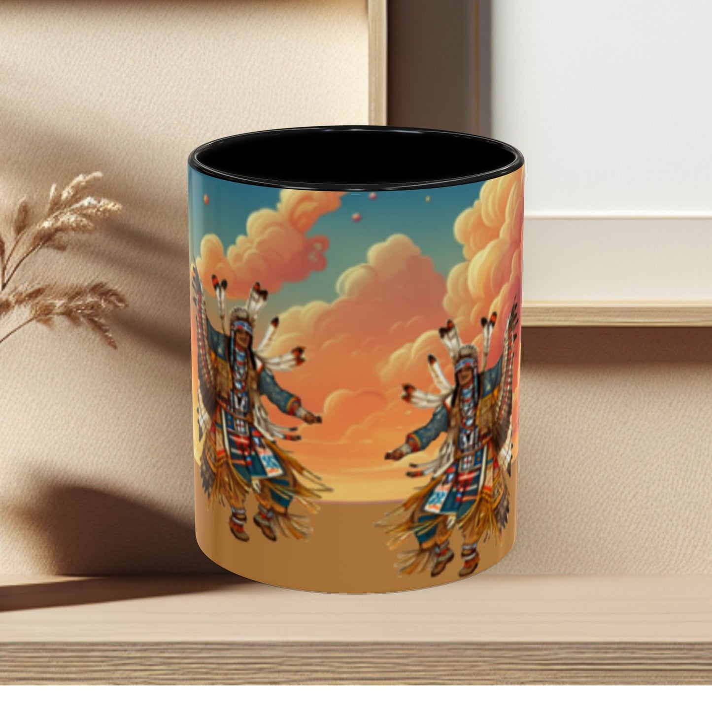 Sunset Powwow Ceramic Mug — Native American Dancer Accent Coffee Mug (11/15oz)