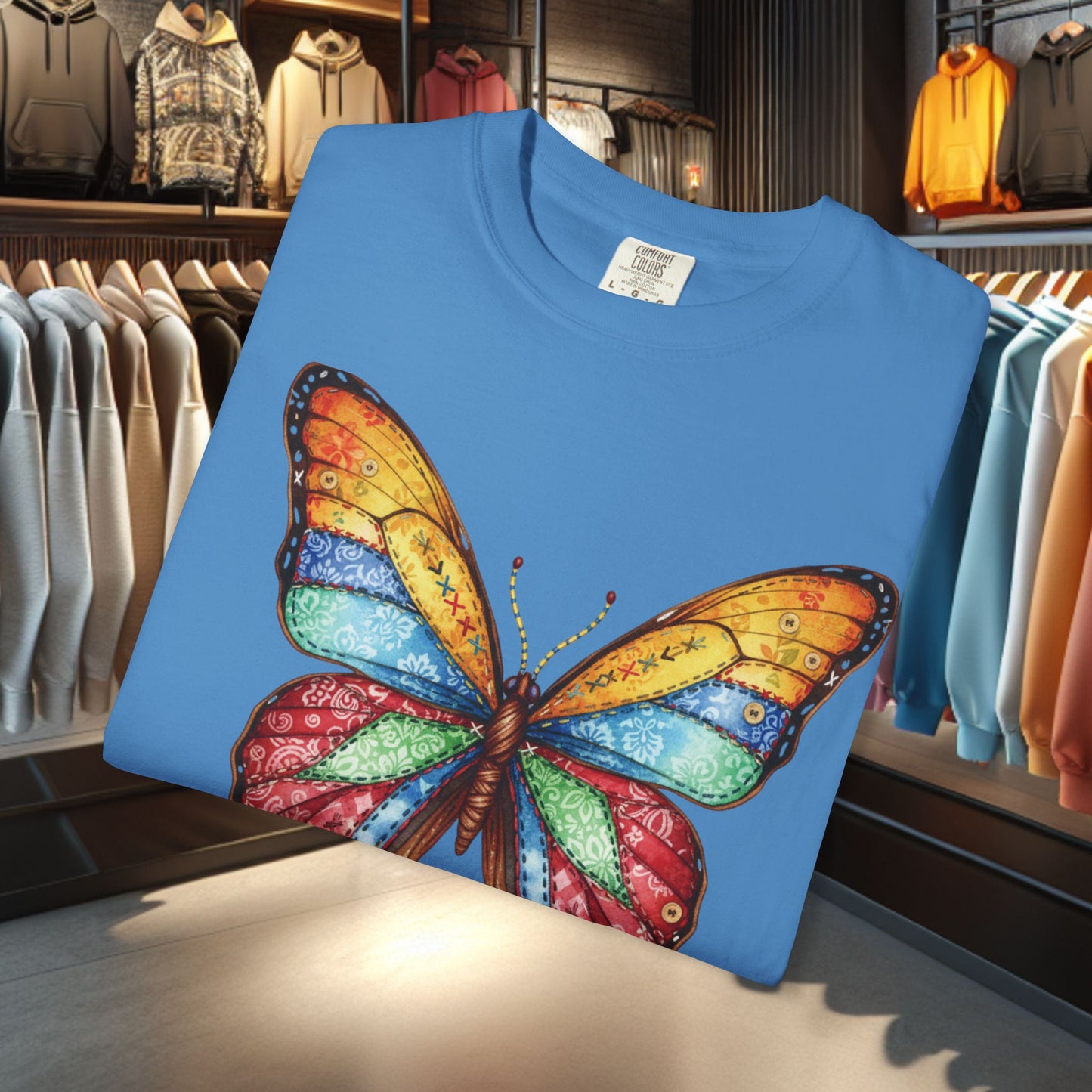 Bright Colorful Patchwork Butterfly T-Shirt — pho Patchwork Garment-Dyed Top