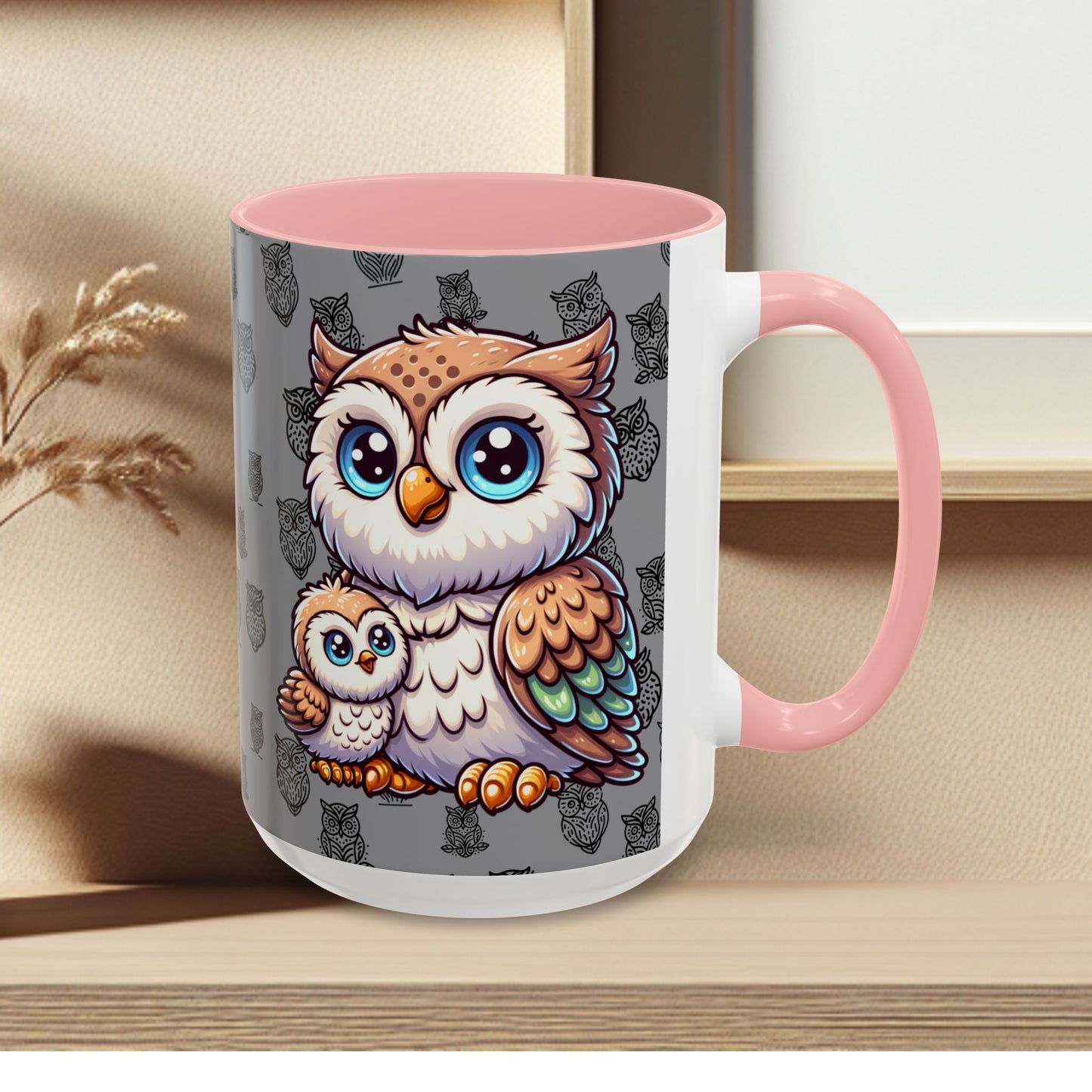 Gray Coffee Mug - Owl Family - Colorful Inspirational Owl Design