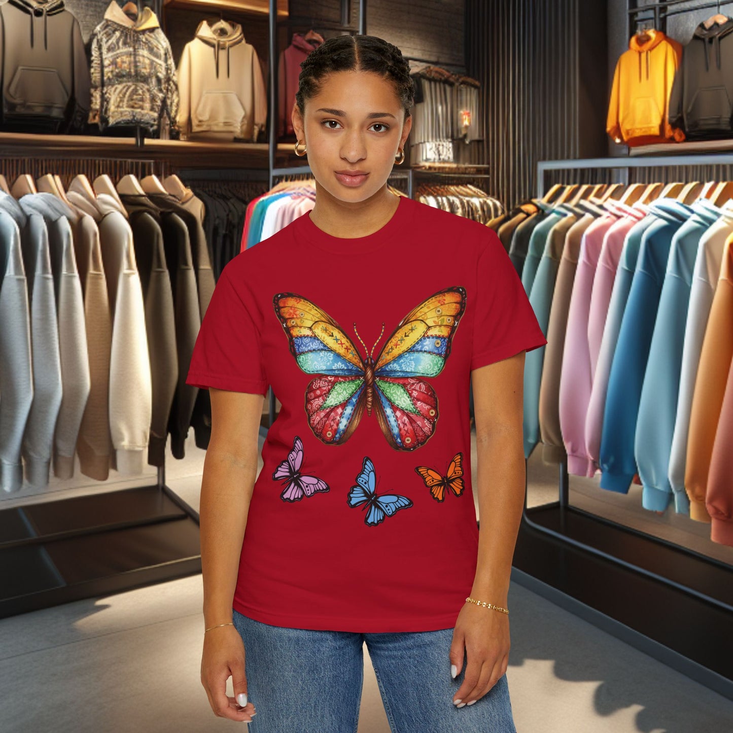Bright Colorful Patchwork Butterfly T-Shirt — pho Patchwork Garment-Dyed Top