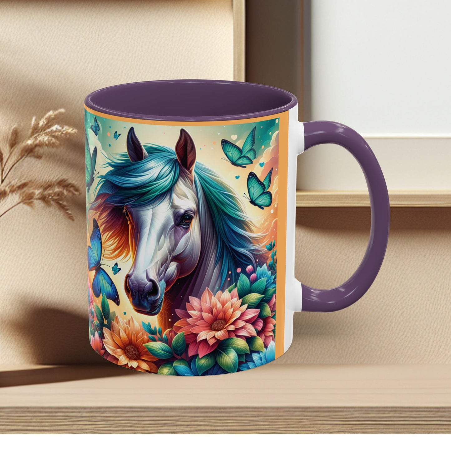 Coffee Mug Horses, Flowers, and Butterflies Mug