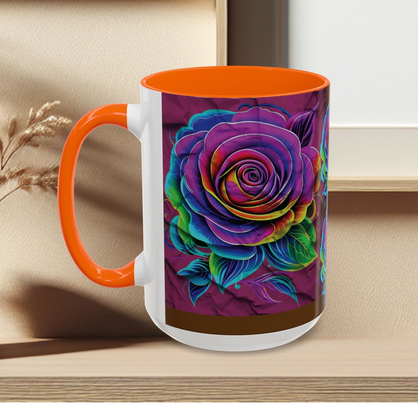 Rainbow Rose Accent Coffee Mug — Colorful Floral 11/15oz
