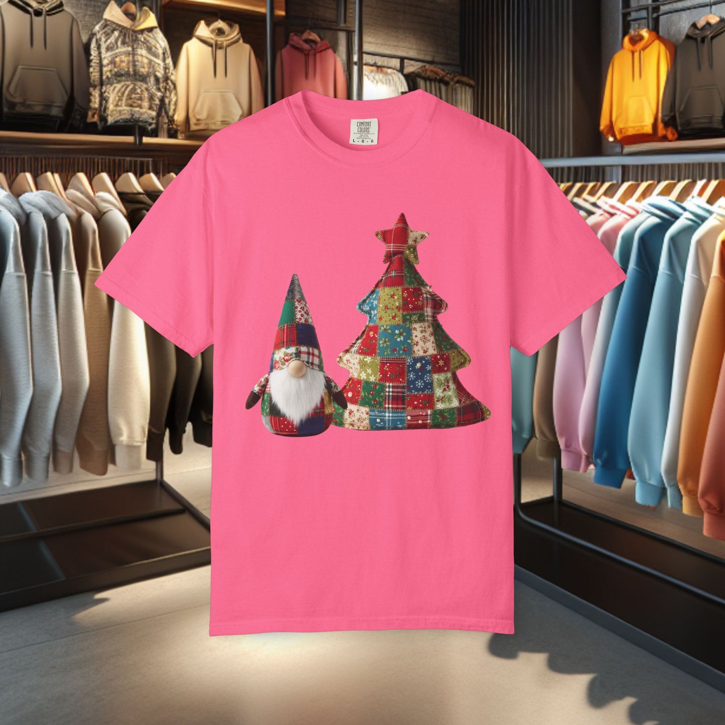 Patchwork Gnome and Christmas Tree, Garment-Dyed T-Shirt — pho Patchwork Festive Top