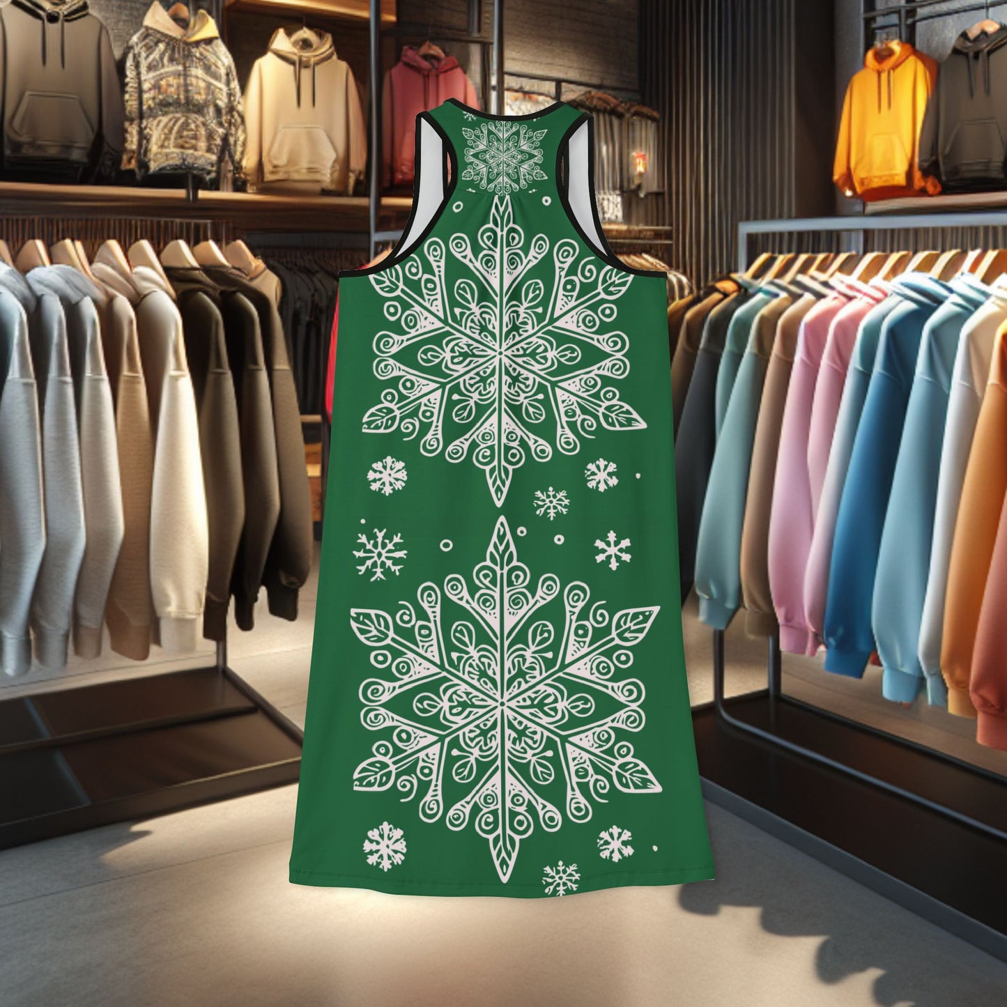 Racerback Dress — Festive Green Snowflake All-Over Print