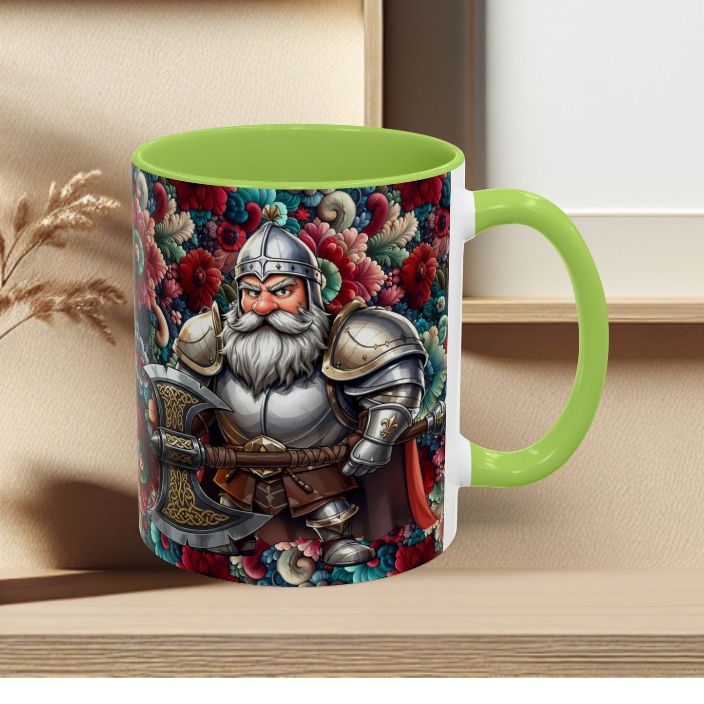 Adventurers Accent Coffee Mug — Dwarf within Armor with a Double-Bladed Battle Axe Design (11/15oz)