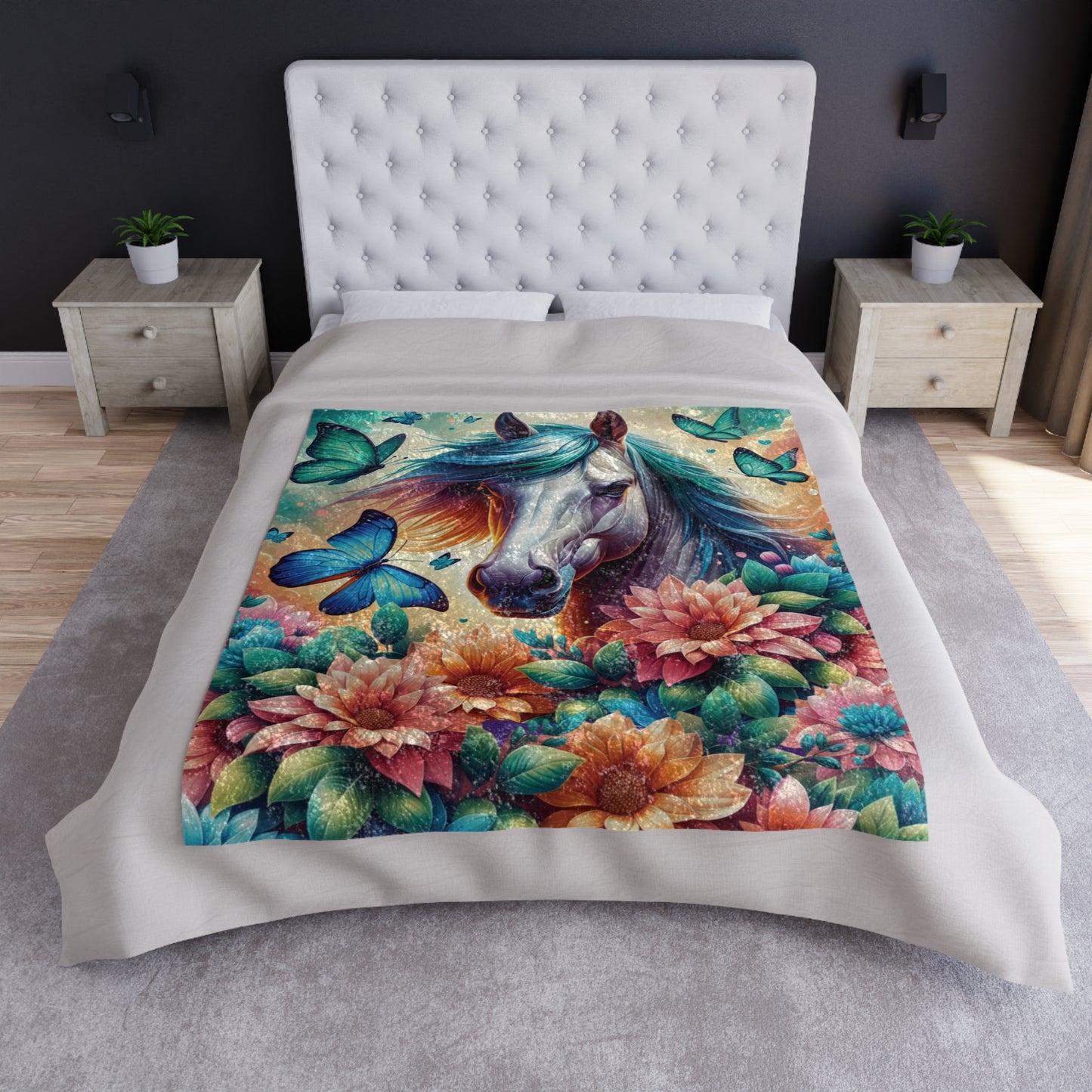 Horse & Butterflies Floral-Crushed Velvet Blanket - Throw
