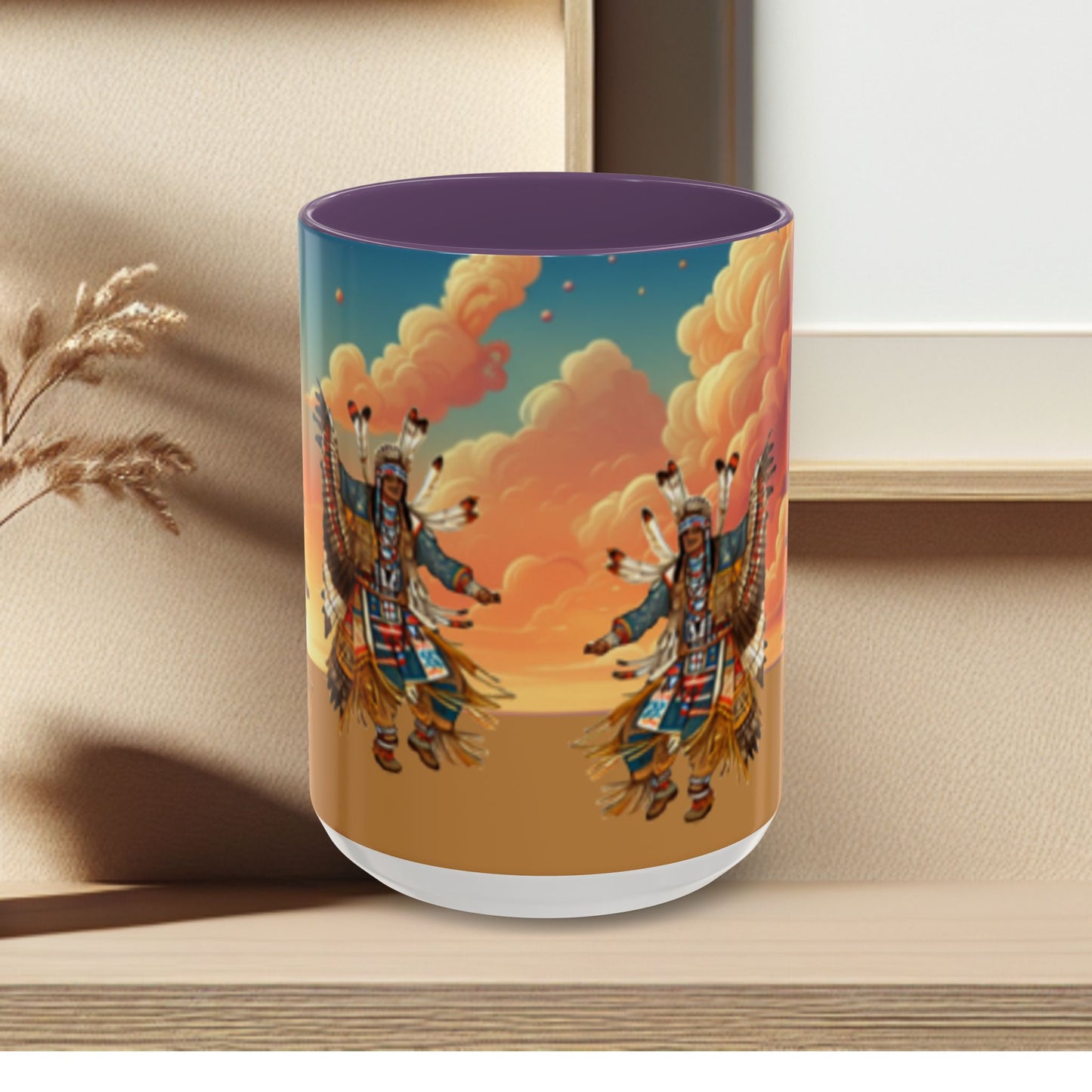 Sunset Powwow Ceramic Mug — Native American Dancer Accent Coffee Mug (11/15oz)