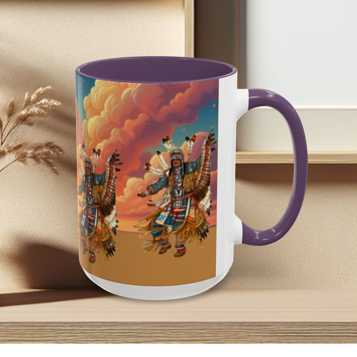 Sunset Powwow Ceramic Mug — Native American Dancer Accent Coffee Mug (11/15oz)