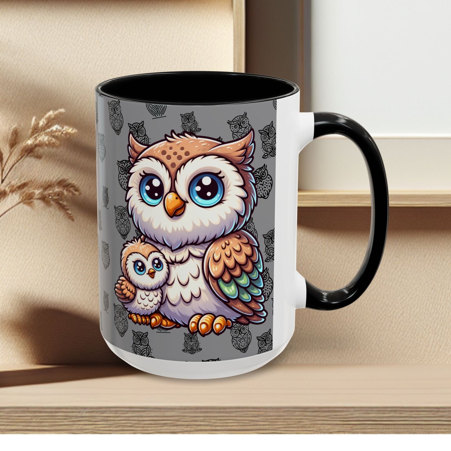 Gray Coffee Mug - Owl Family - Colorful Inspirational Owl Design