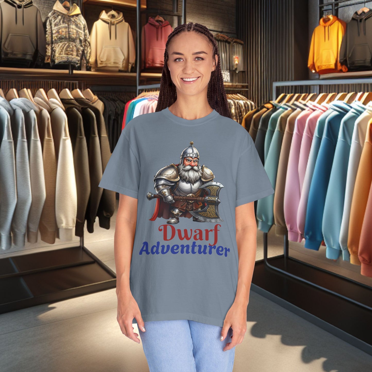 Dwarf Adventurer Tee — Dwarf with Armor and Battle Axe Graphic T-Shirt