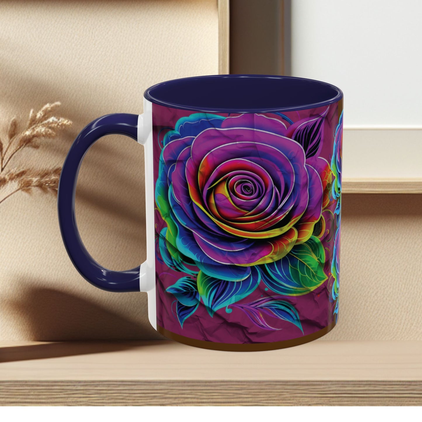 Rainbow Rose Accent Coffee Mug — Colorful Floral 11/15oz