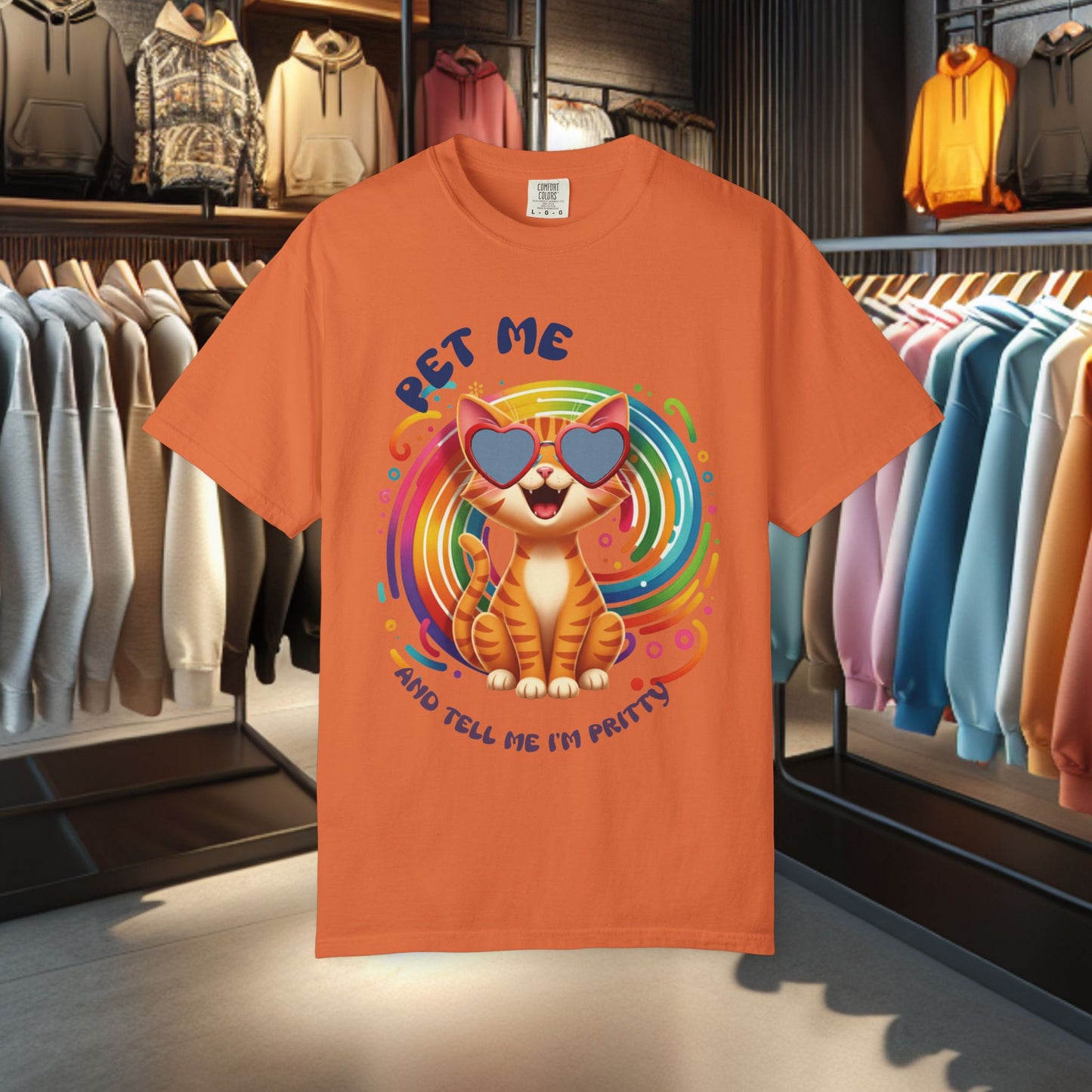Groovy Orange Kitty Tee — "Pet Me" Dyed T-Shirt