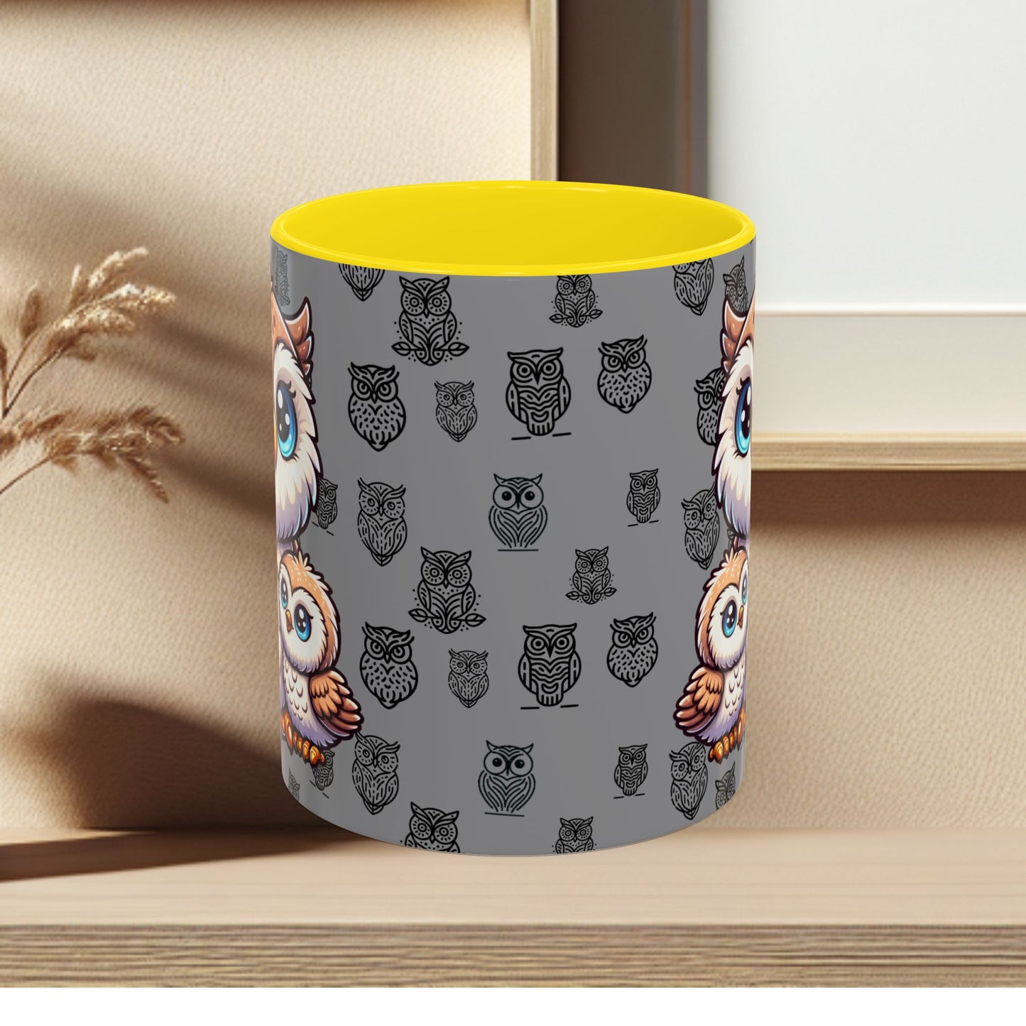 Gray Coffee Mug - Owl Family - Colorful Inspirational Owl Design