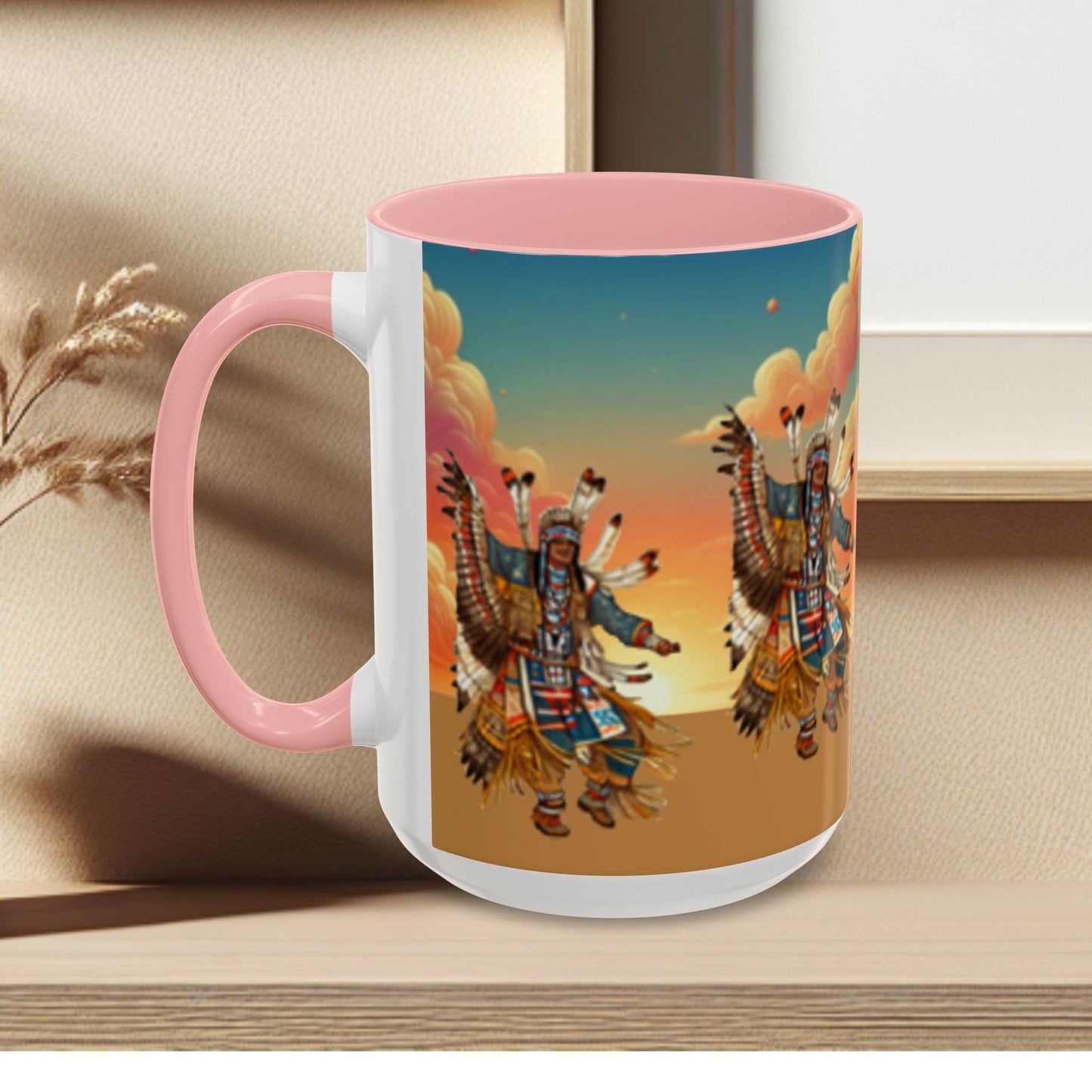 Sunset Powwow Ceramic Mug — Native American Dancer Accent Coffee Mug (11/15oz)