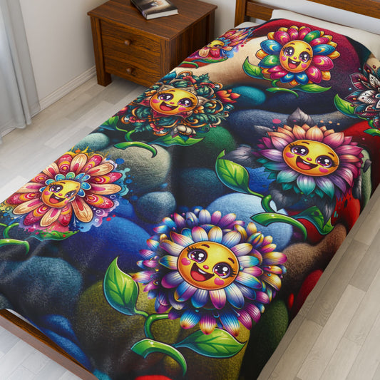 Happy Flowers Velveteen Plush Blanket - Happy Flowers Cozy Throw