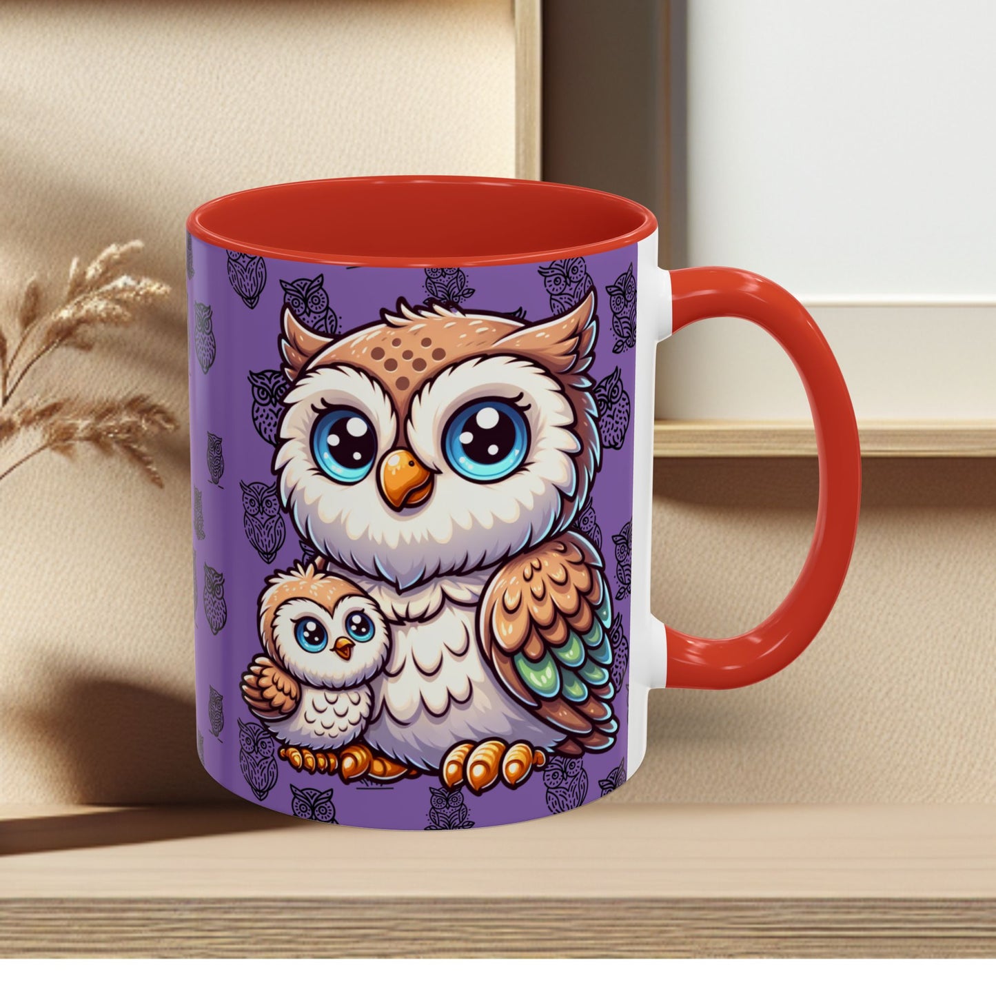 Purple Coffee Mug - Owl Family - Colorful Inspirational Owl Design