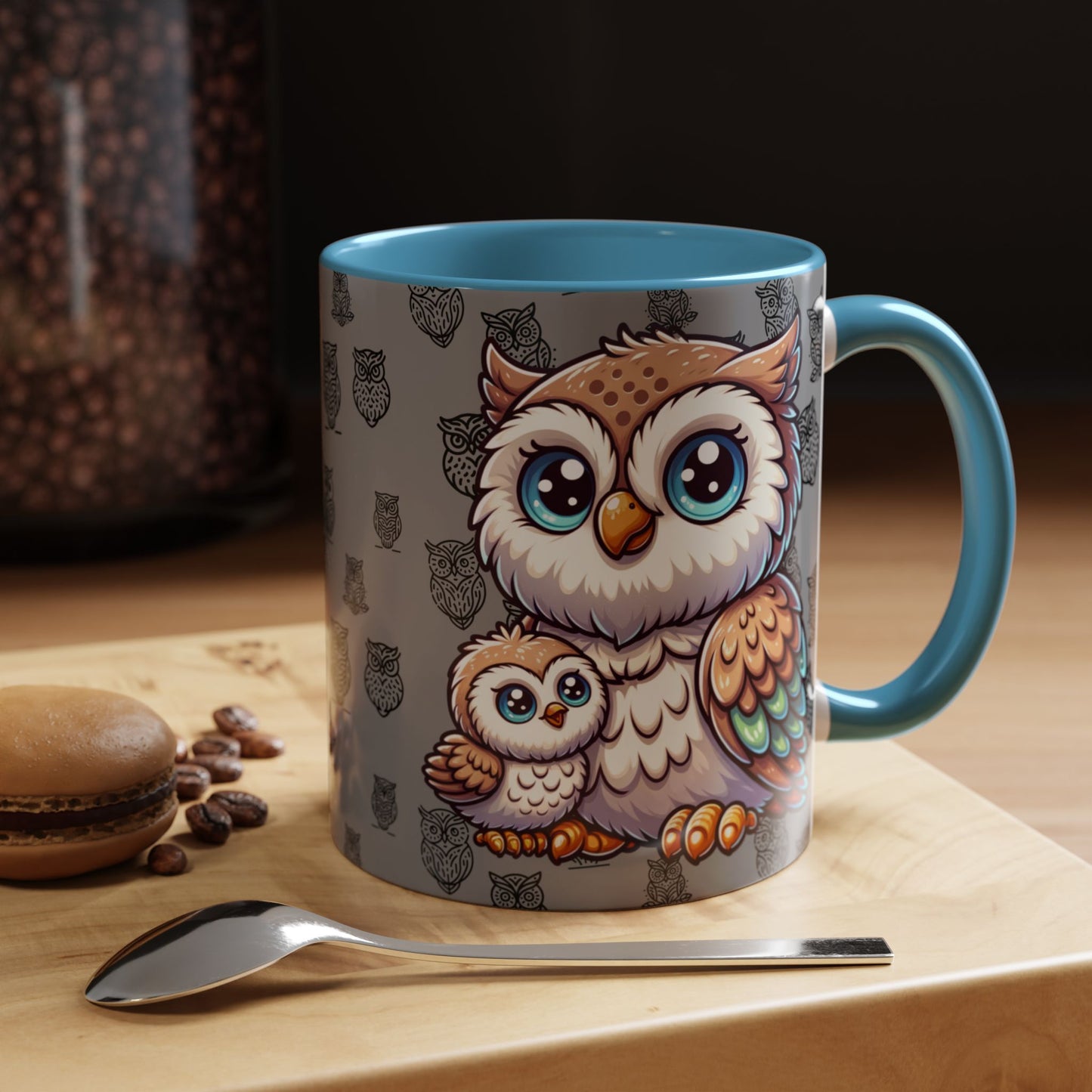 Gray Coffee Mug - Owl Family - Colorful Inspirational Owl Design
