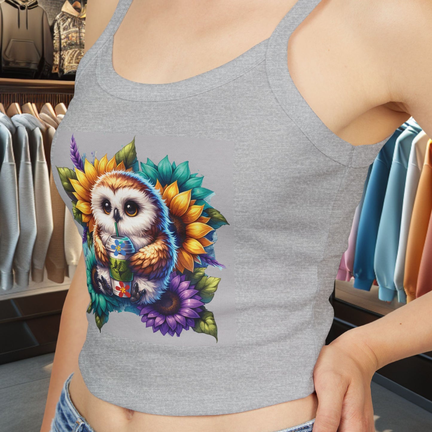 Owl With a Water Bottle Floral Tank Top - Women's Spaghetti Strap