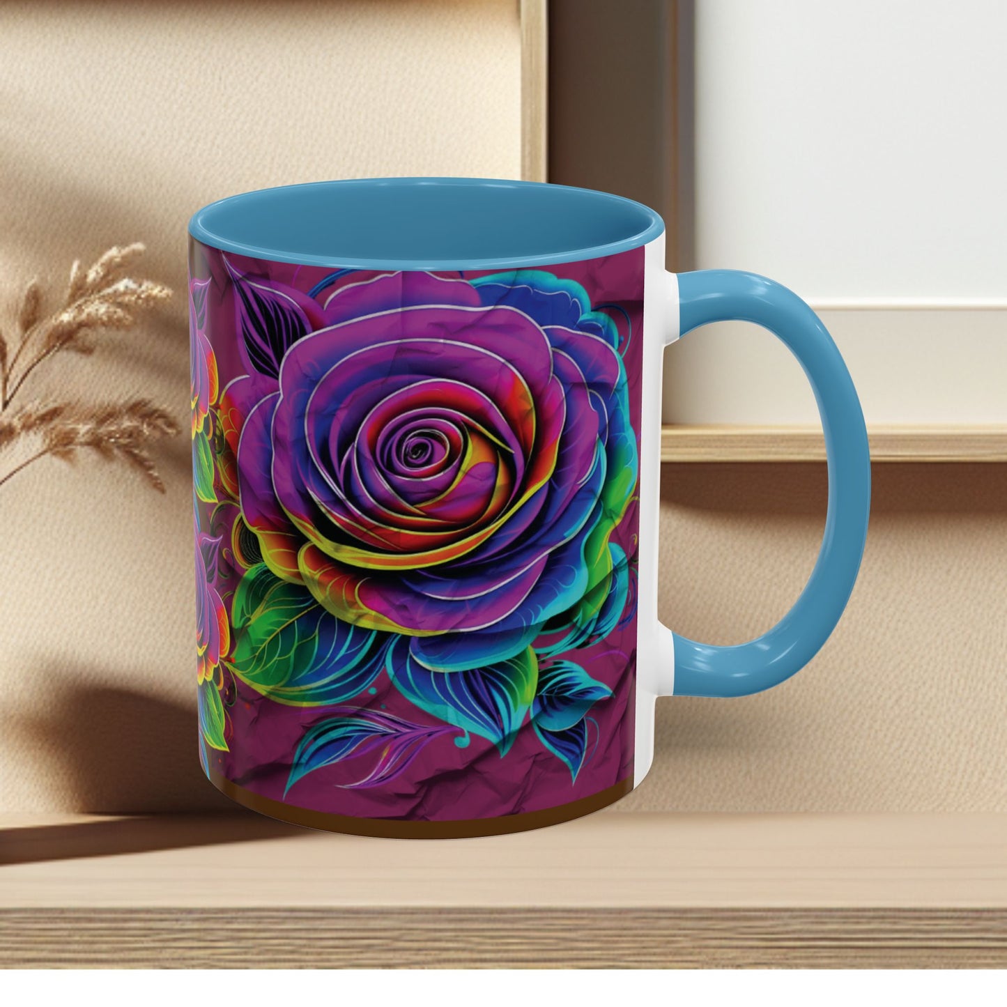 Rainbow Rose Accent Coffee Mug — Colorful Floral 11/15oz