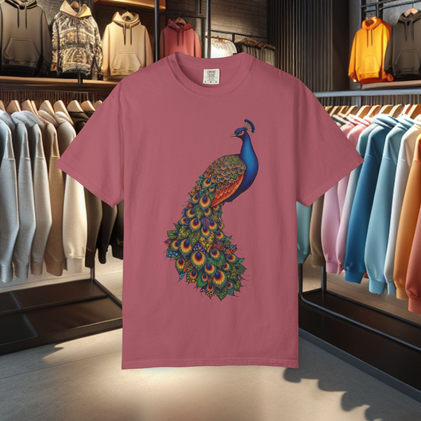 Patchwork Peacock, Garment-Dyed T-Shirt — pho Patchwork Festive Top