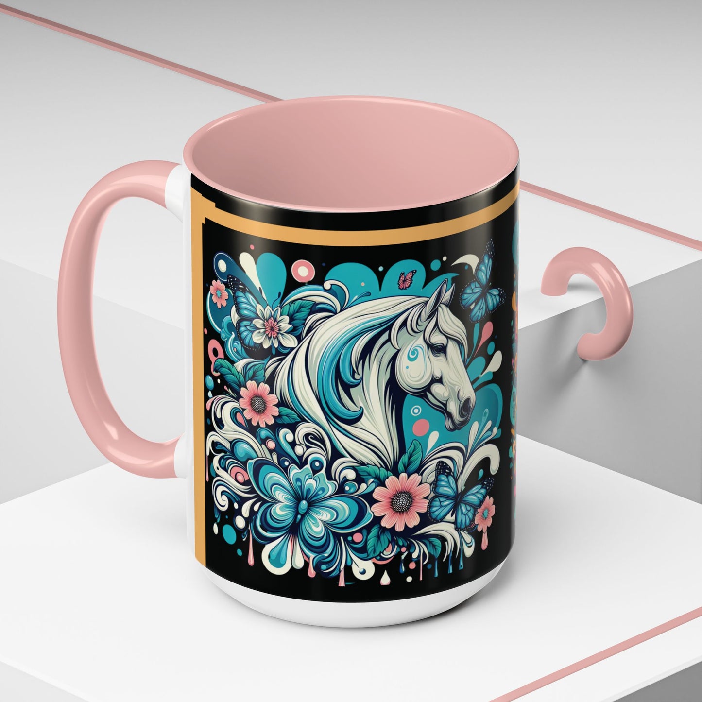 Coffee Mug White Horses with Blue Highlights in Flowers - Mug