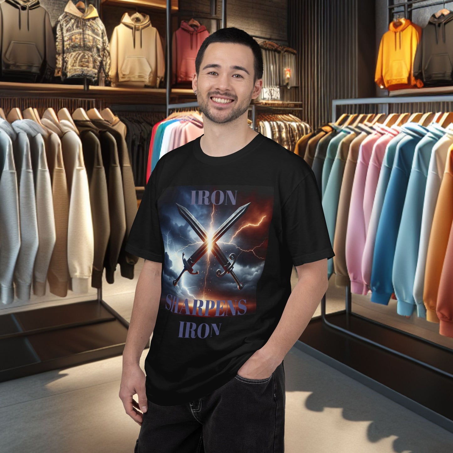 Iron Sharpens Iron Tee — Clashing Swords Thunder & Lighting Graphic T-Shirt