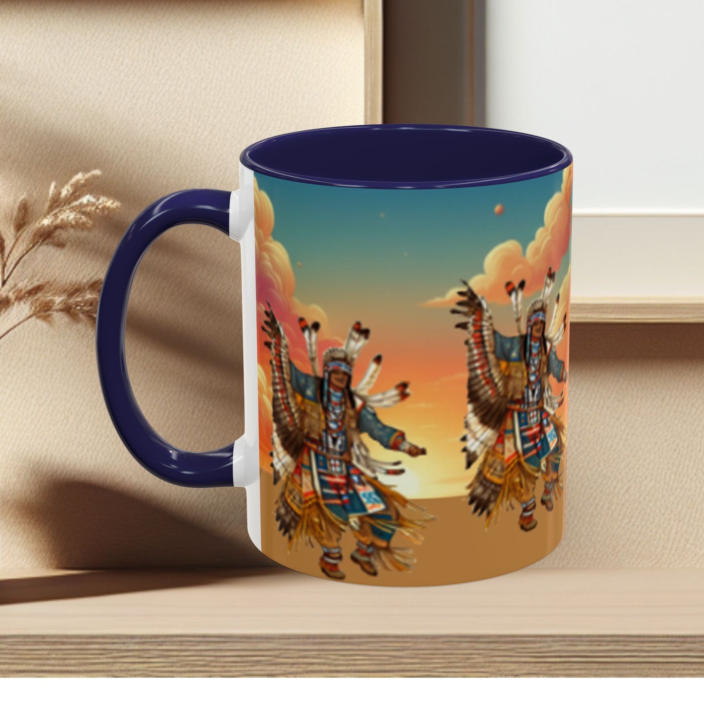 Sunset Powwow Ceramic Mug — Native American Dancer Accent Coffee Mug (11/15oz)