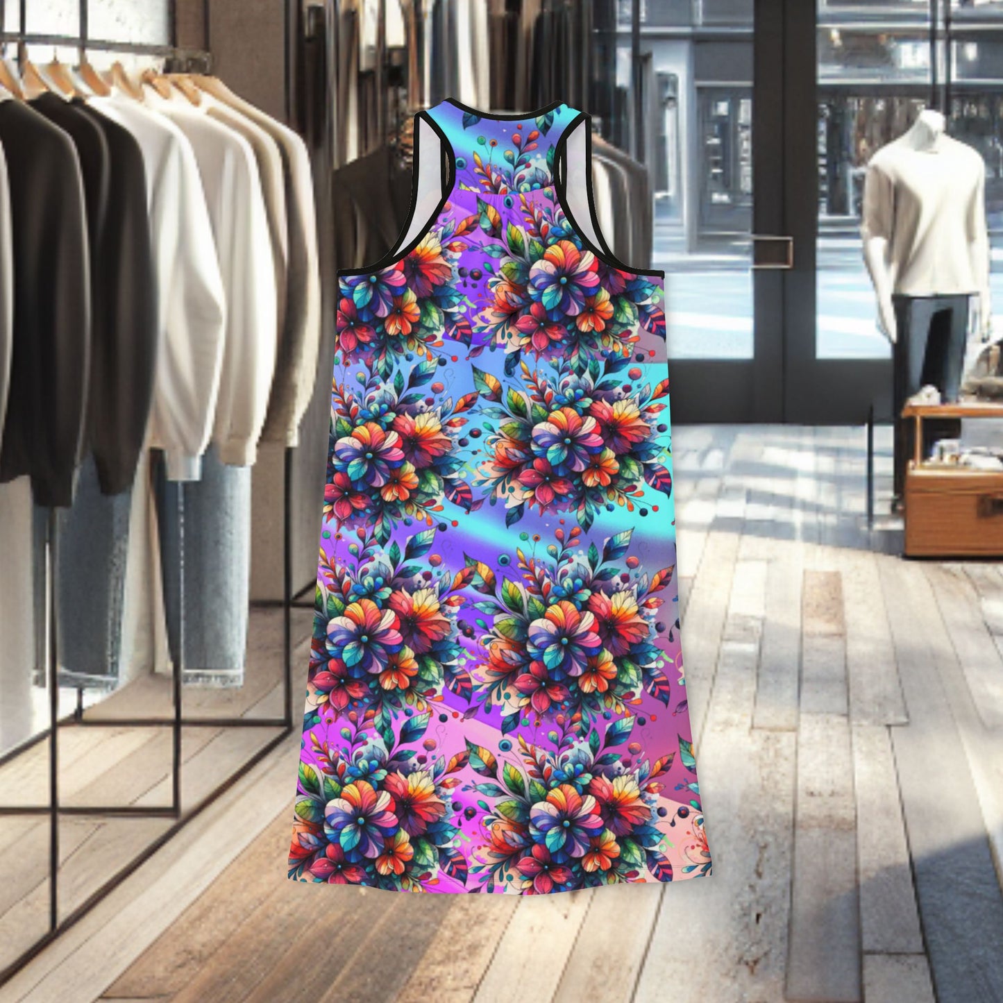 Floral Burst Racerback Dress — Vibrant Color Bouquet All-Over Print