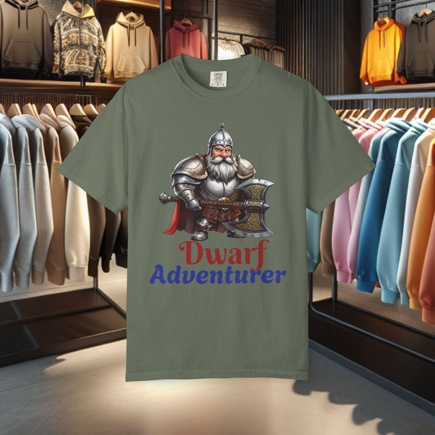 Dwarf Adventurer Tee — Dwarf with Armor and Battle Axe Graphic T-Shirt