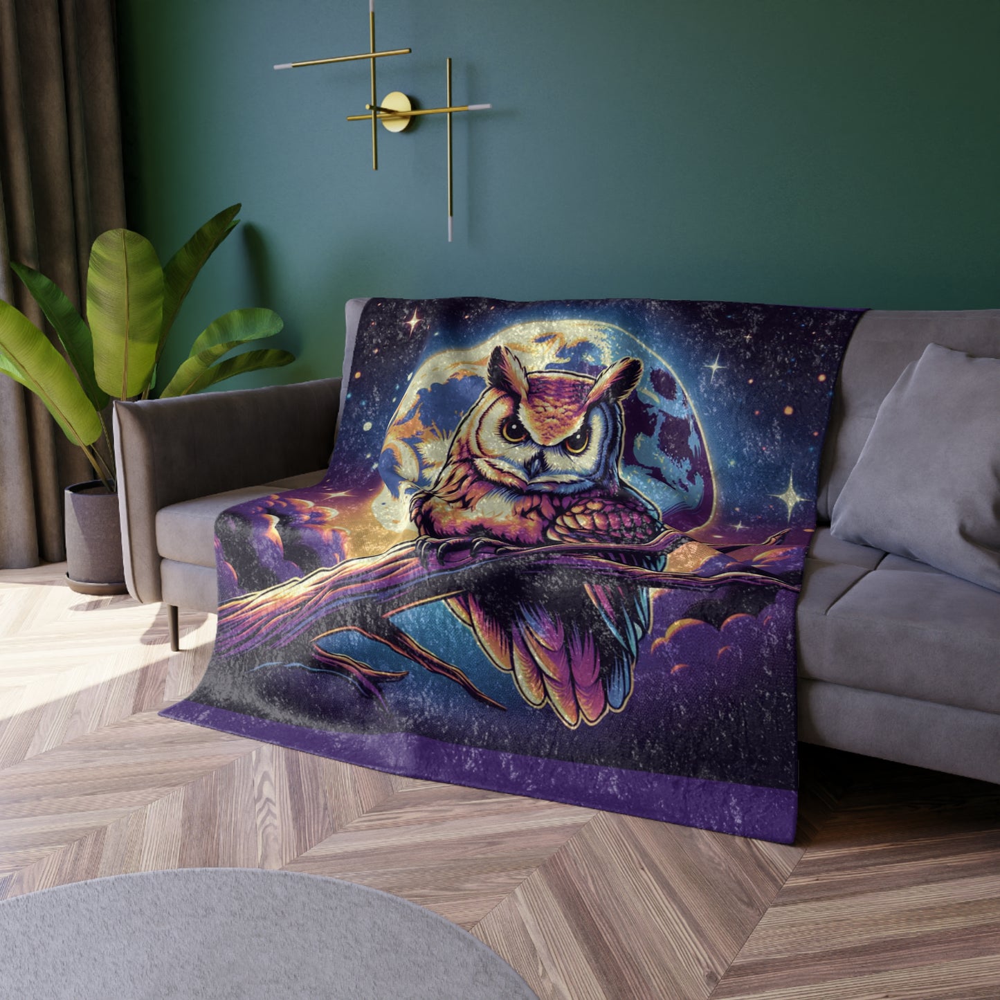 Owl Moon Crushed Velvet Blanket — Mystical Night Sky Throw