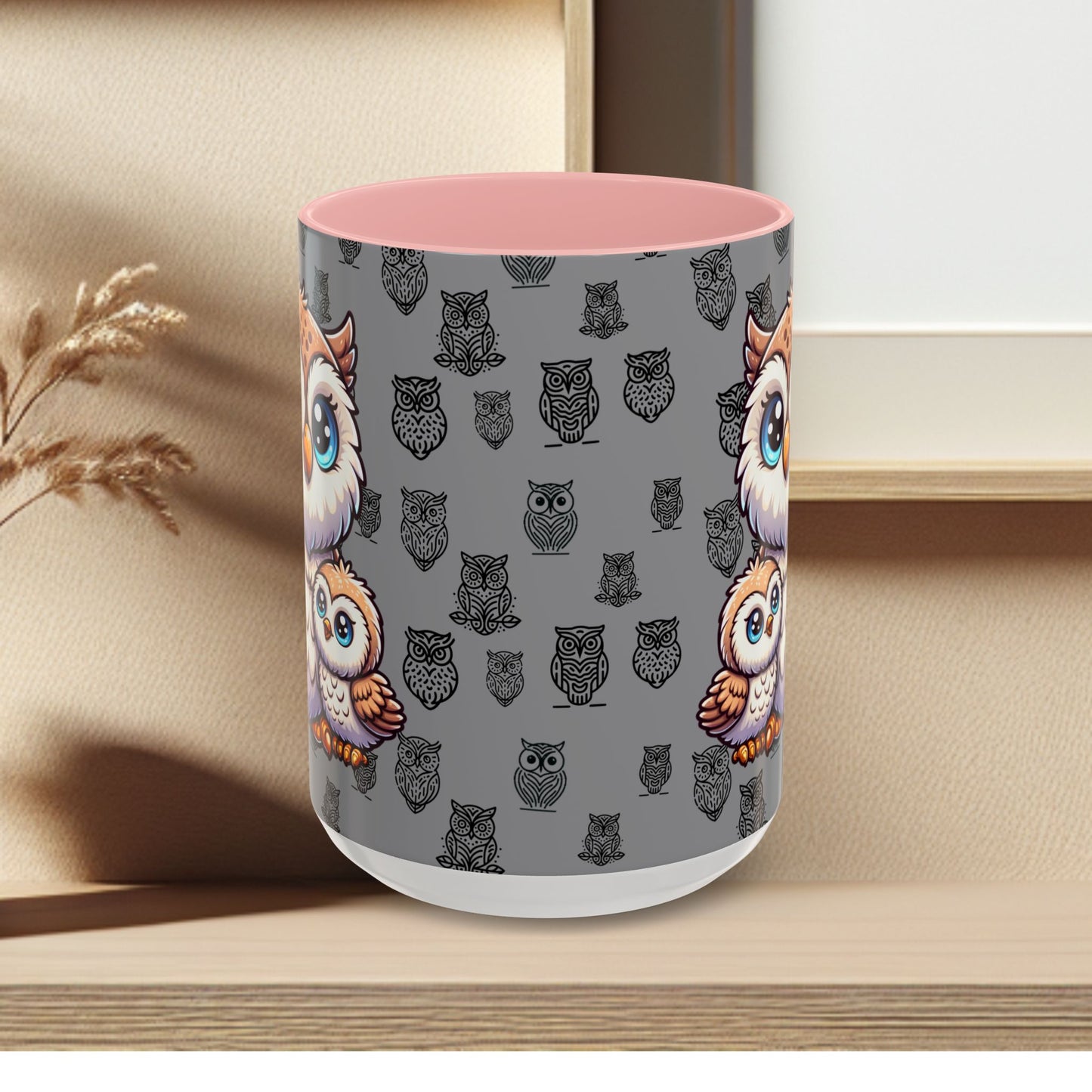 Gray Coffee Mug - Owl Family - Colorful Inspirational Owl Design