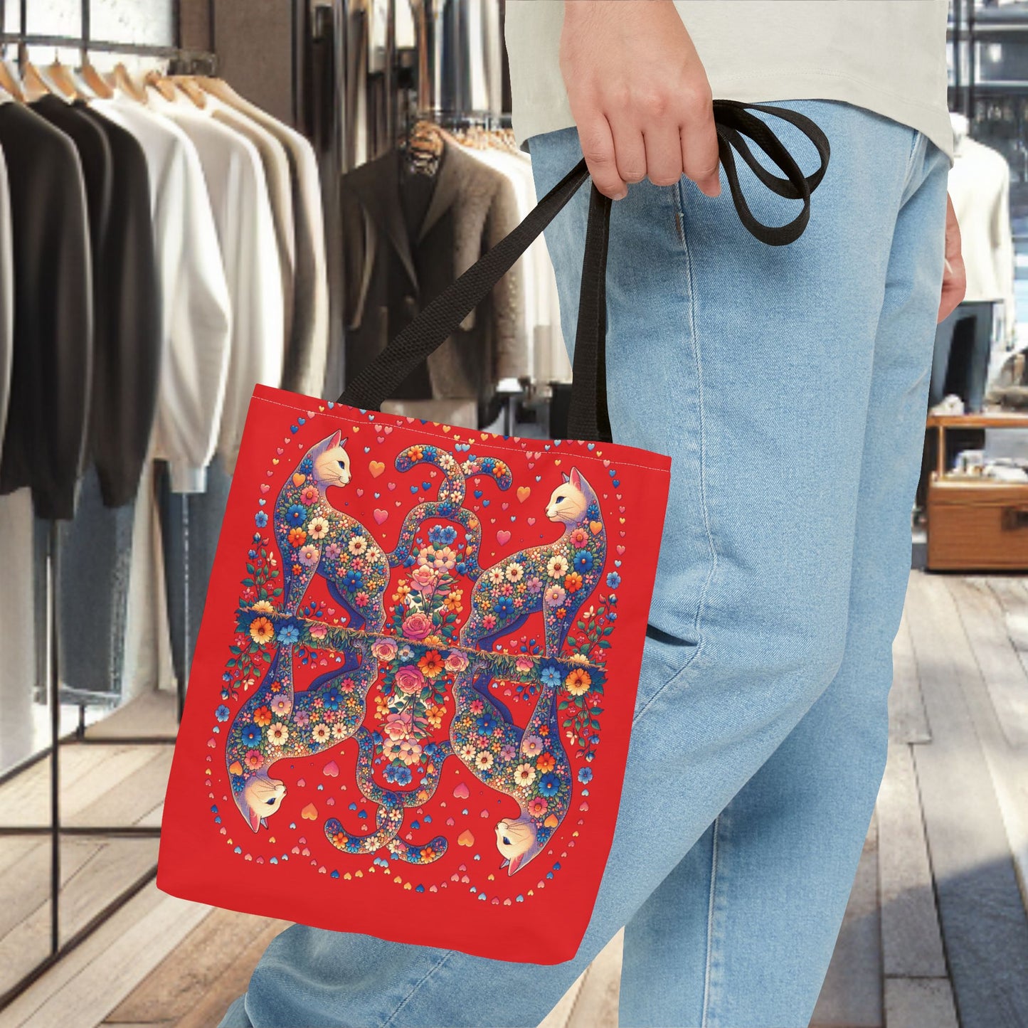 Loving Cat Flower Mozaic Tote Bag Dark Red