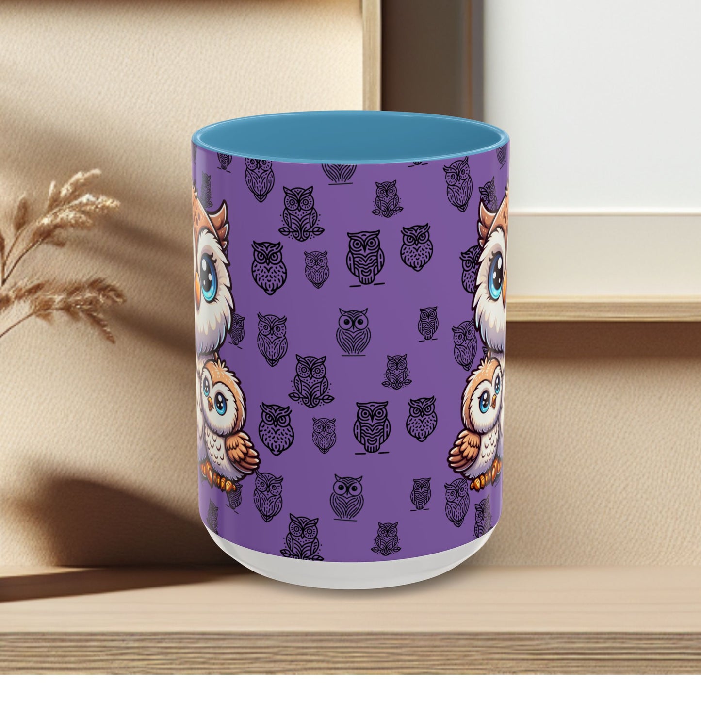 Purple Coffee Mug - Owl Family - Colorful Inspirational Owl Design