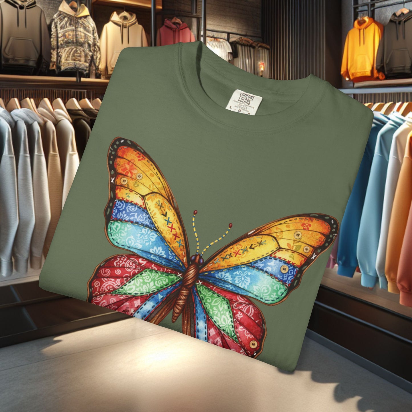 Bright Colorful Patchwork Butterfly T-Shirt — pho Patchwork Garment-Dyed Top