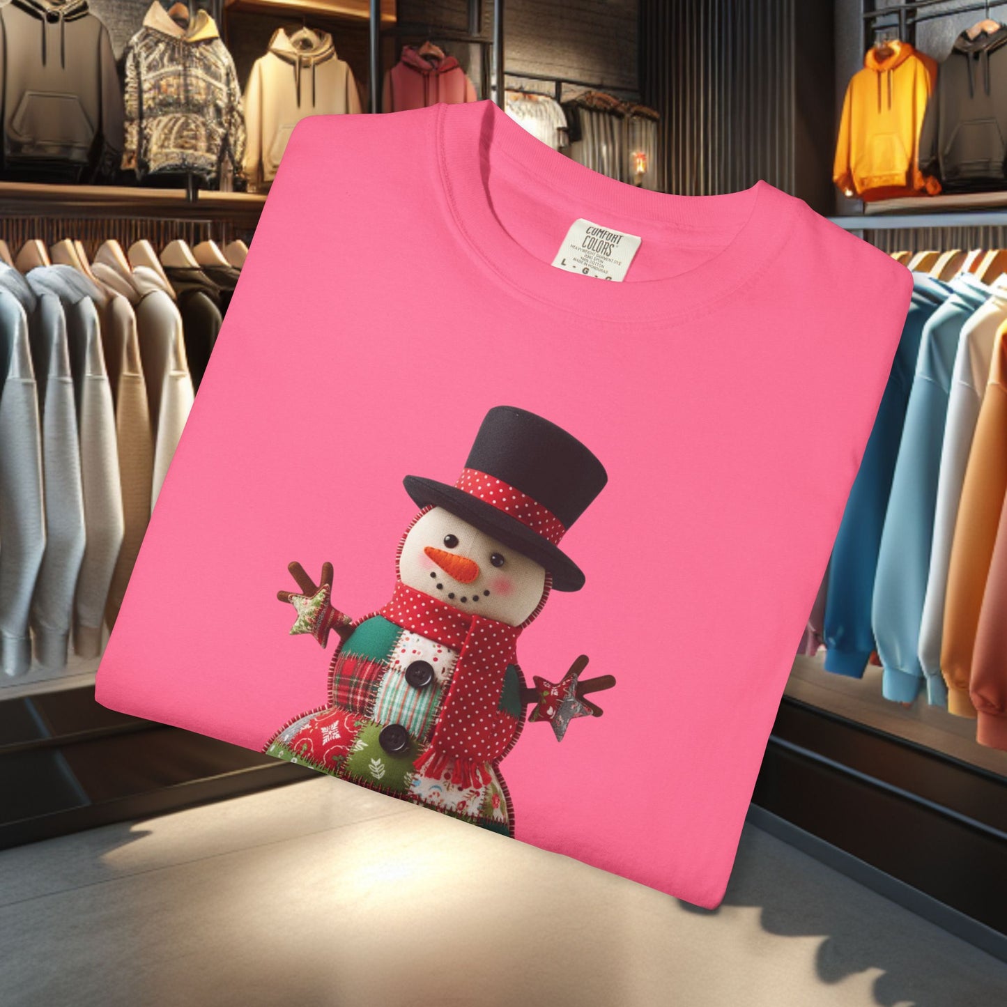 Patchwork Snowman T-Shirt — "Faux Patchwork" Garment-Dyed