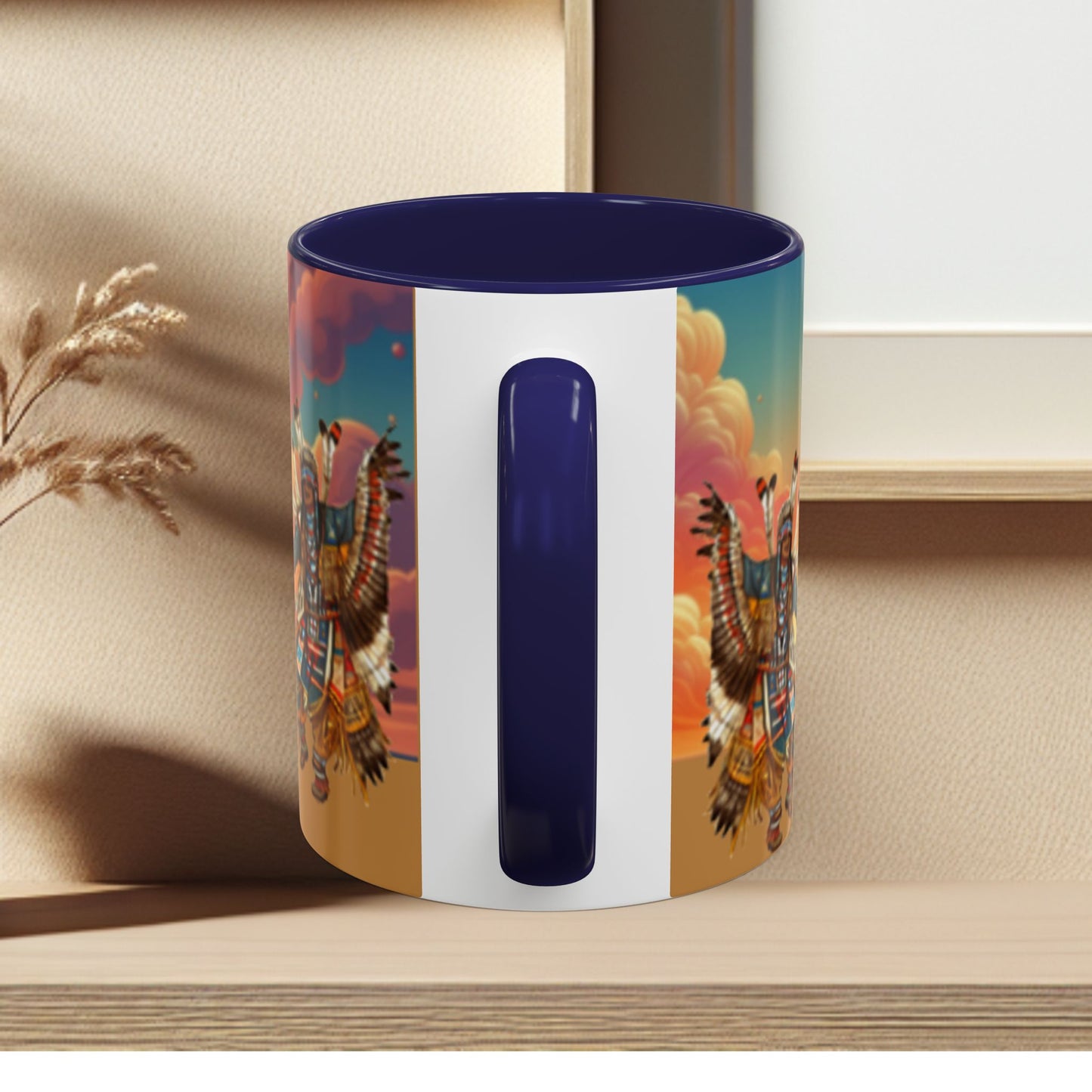 Sunset Powwow Ceramic Mug — Native American Dancer Accent Coffee Mug (11/15oz)