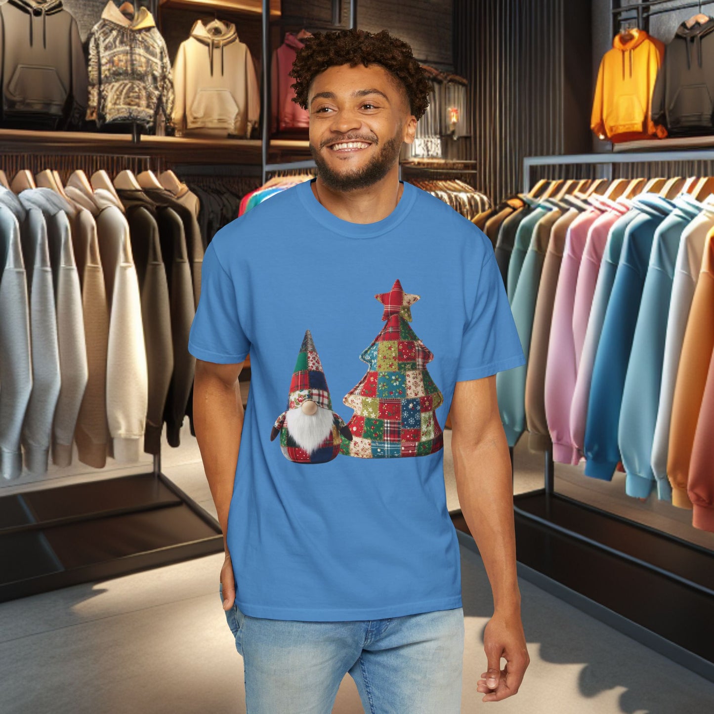 Patchwork Gnome and Christmas Tree, Garment-Dyed T-Shirt — pho Patchwork Festive Top