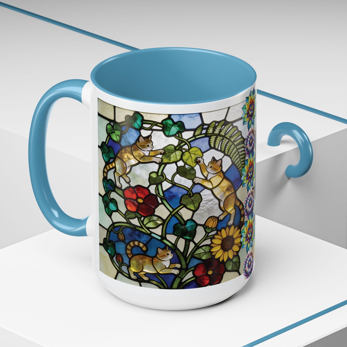 Stained Glass Cats Accent Coffee Mug – Floral Tiffany-Style 11/15oz