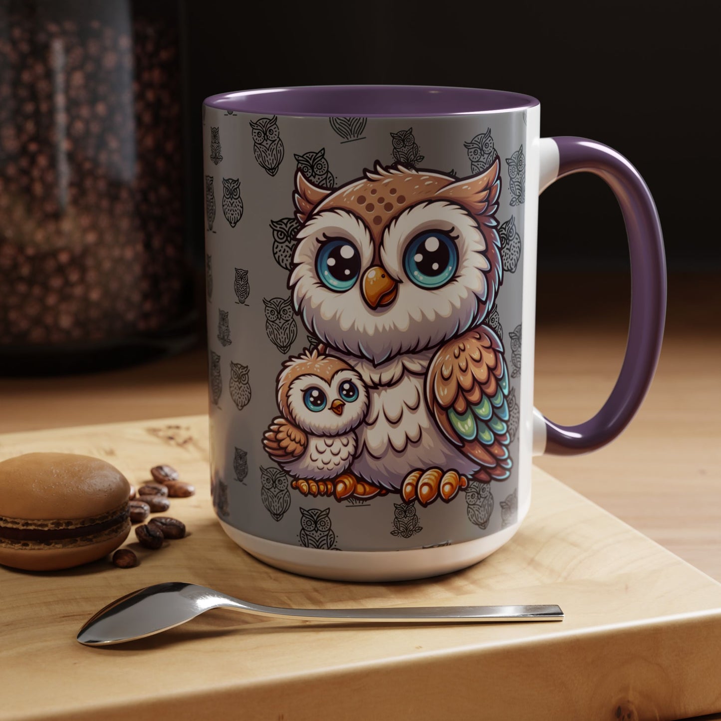 Gray Coffee Mug - Owl Family - Colorful Inspirational Owl Design