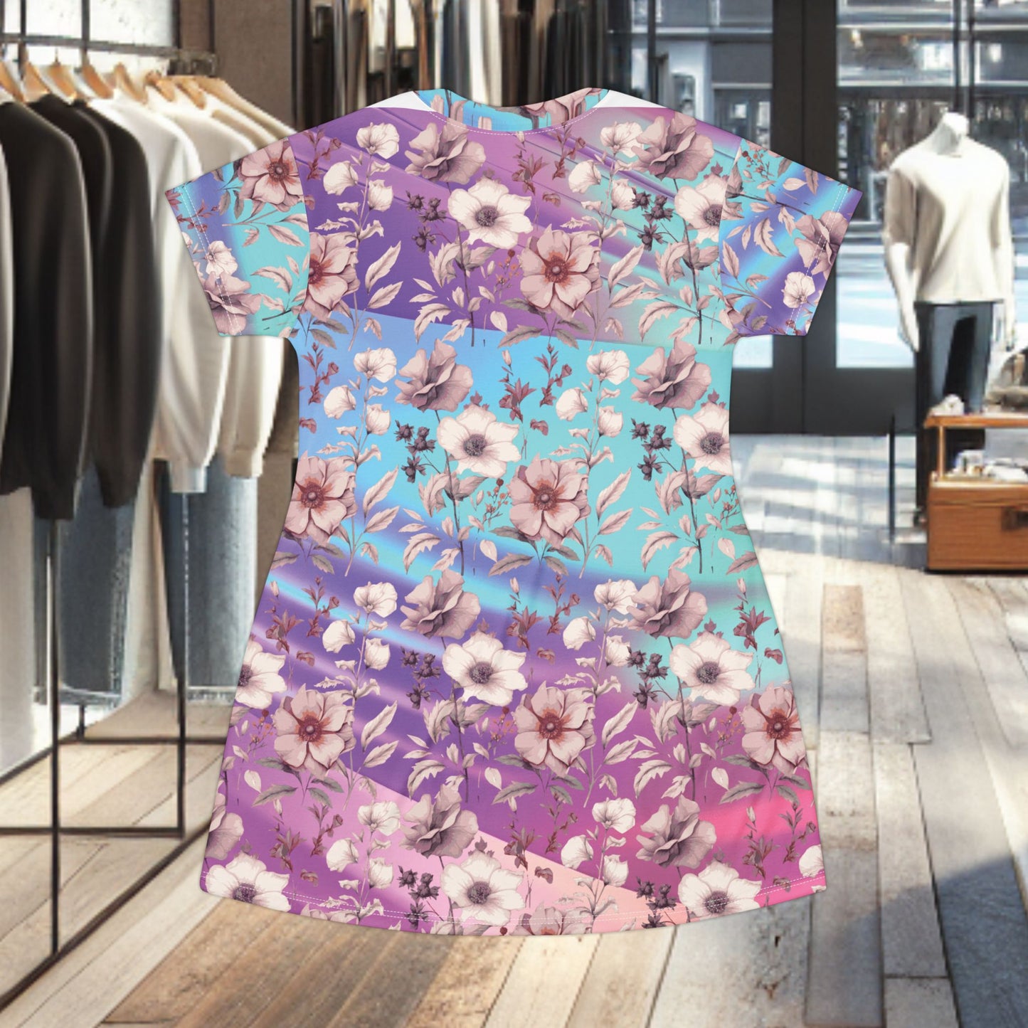Floral Ombre T-Shirt Dress — Pastel Watercolor Bloom Print